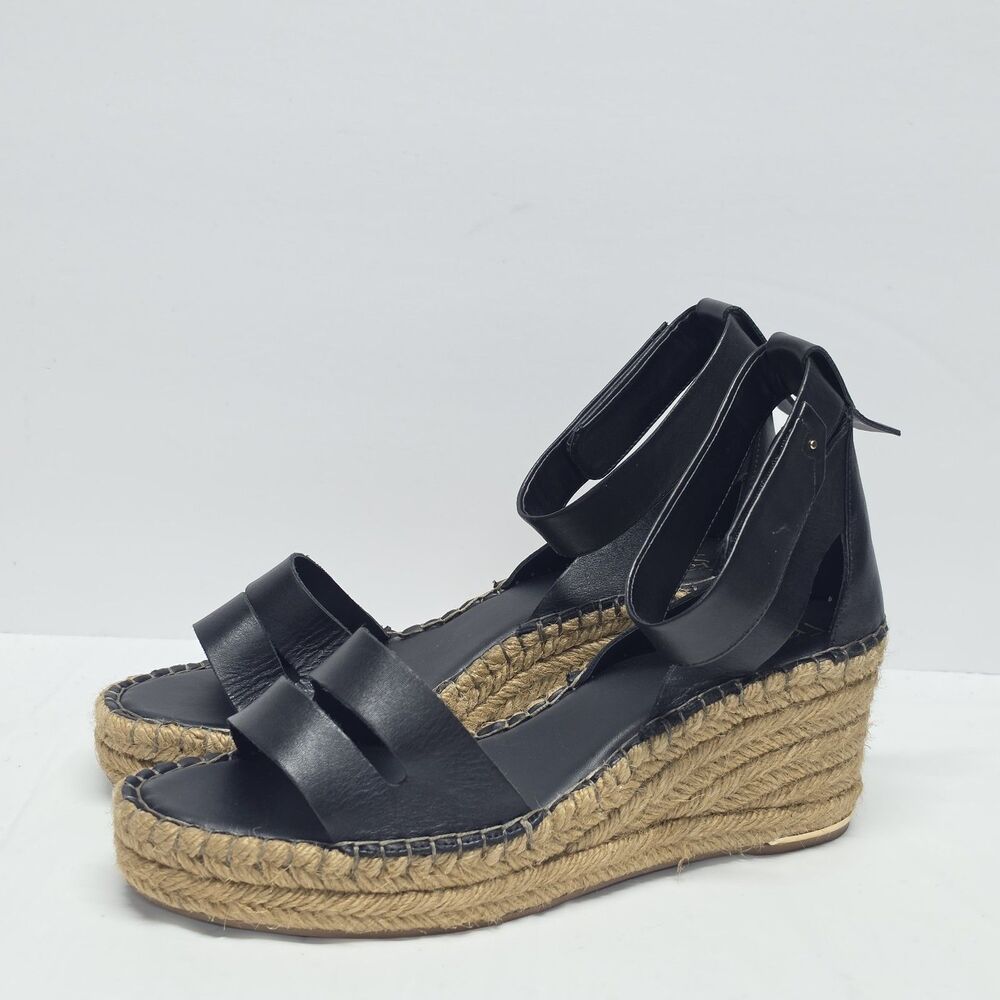 Franco Sarto Espadrille Wedges Womens 11 Black Leather Callia Resort Sandals NWT
